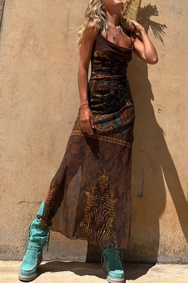 Lynor™ | Unique Print, Loose Neckline & Back Ties Midi Dress