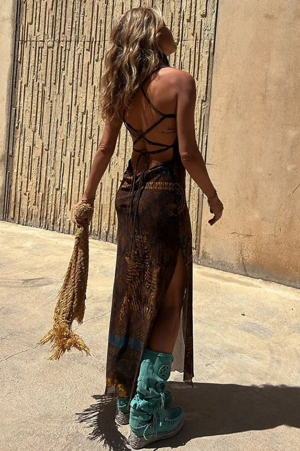 Lynor™ | Unique Print, Loose Neckline & Back Ties Midi Dress