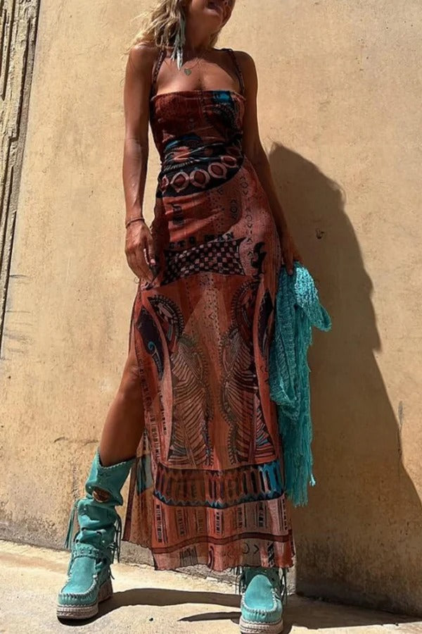 Lynor™ | Unique Print, Loose Neckline & Back Ties Midi Dress