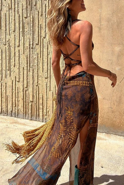 Lynor™ | Unique Print, Loose Neckline & Back Ties Midi Dress