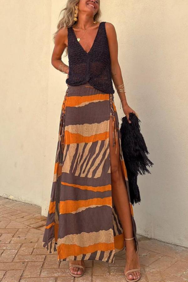 Lynor™ | Block Color Print & Side Laces Long Skirt