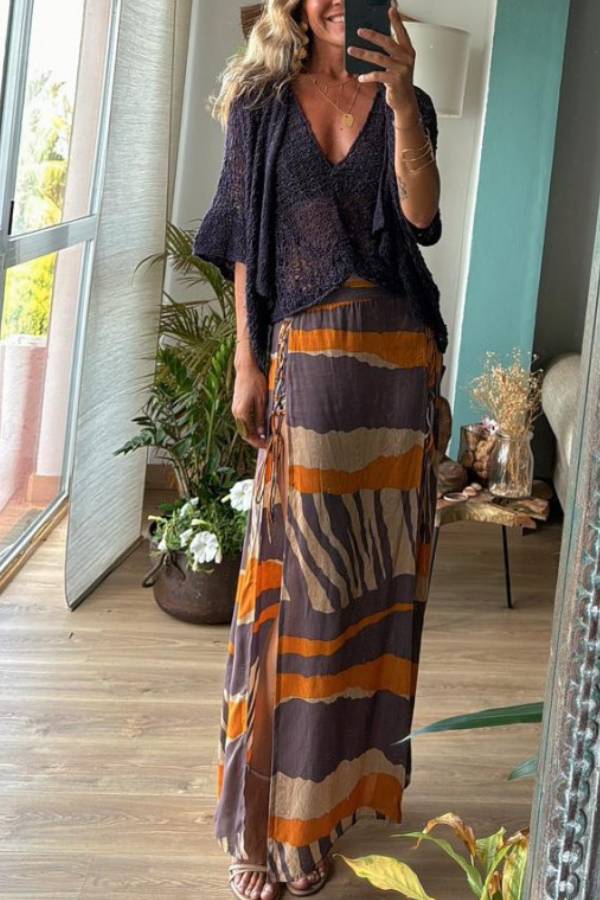 Lynor™ | Block Color Print & Side Laces Long Skirt