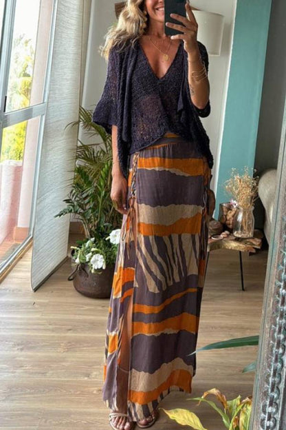 Lynor™ | Block Color Print & Side Laces Long Skirt