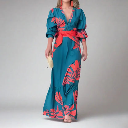 Lynor™ | Floral V-Neck Maxi Dress with Romantic Puff Sleeves