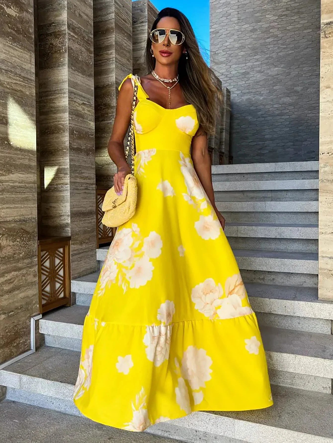 Lynor™ | Strappy Summer Print Dress with Elegant Lace-Up Detail