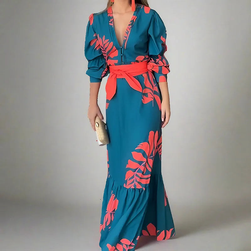Lynor™ | Floral V-Neck Maxi Dress with Romantic Puff Sleeves