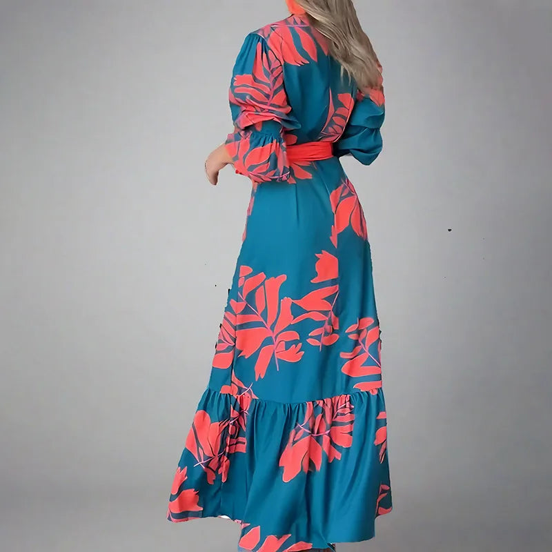 Lynor™ | Floral V-Neck Maxi Dress with Romantic Puff Sleeves