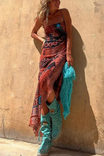 Lynor™ | Unique Print, Loose Neckline & Back Ties Midi Dress