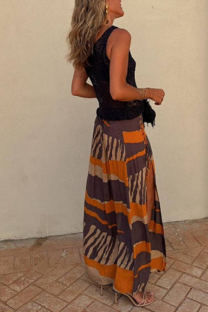 Lynor™ | Block Color Print & Side Laces Long Skirt