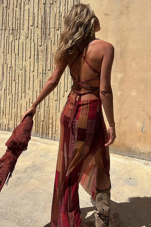 Lynor™ | Unique Print, Loose Neckline & Back Ties Midi Dress