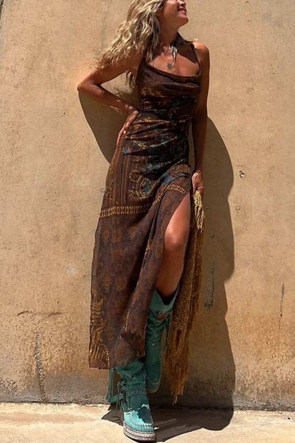 Lynor™ | Unique Print, Loose Neckline & Back Ties Midi Dress