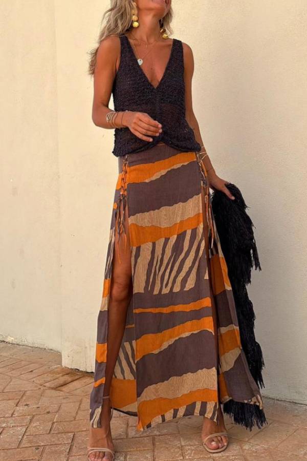 Lynor™ | Block Color Print & Side Laces Long Skirt